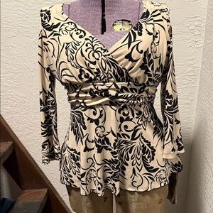 Chic Black and Cream Floral Wrap Blouse